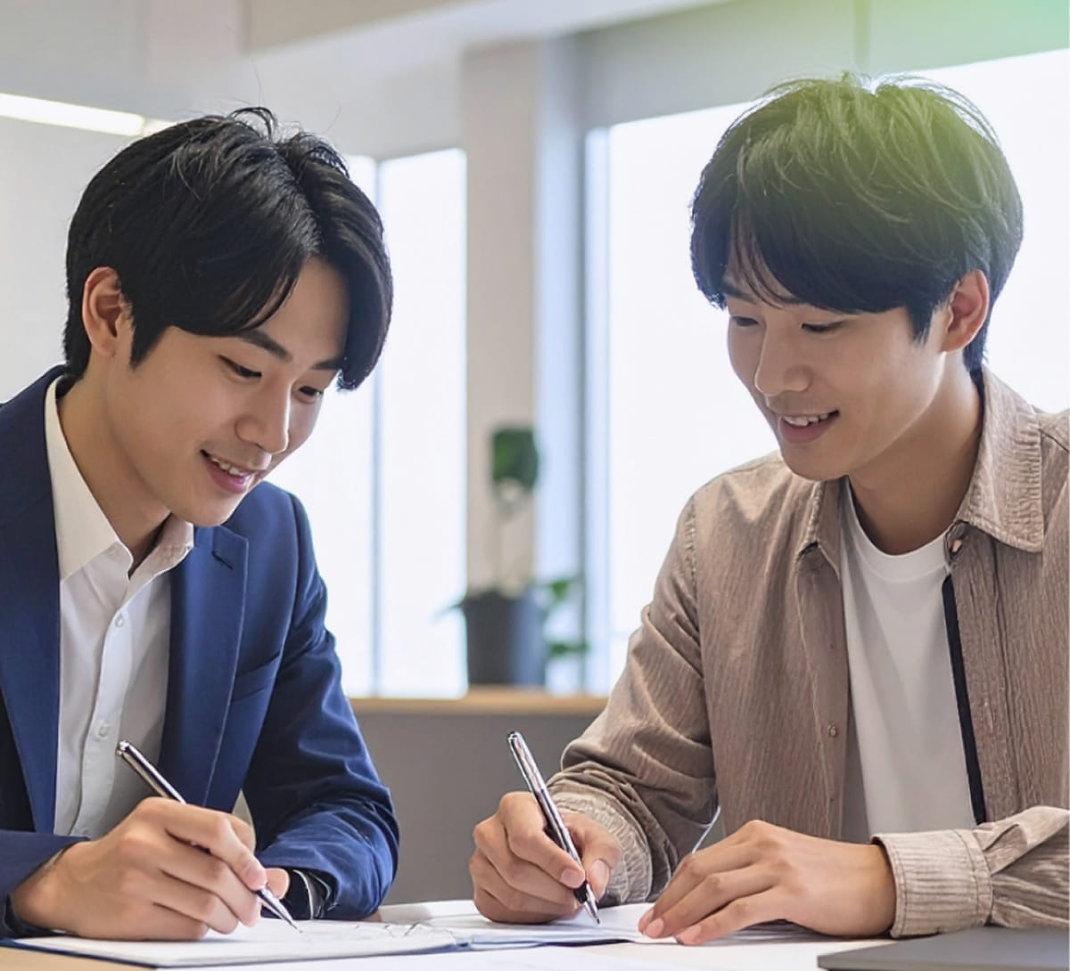 男子学生2人が自習室でディスカッション前の打ち合わせをしている様子